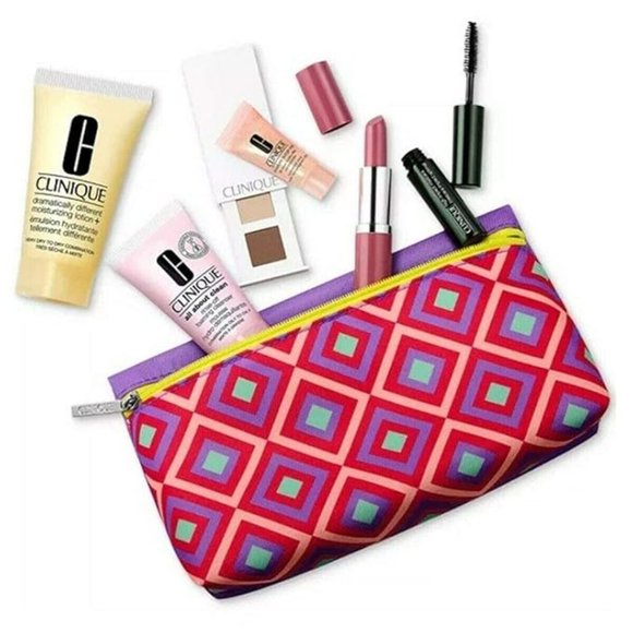Clinique | Diamond Print Canvas Cosmetic Bag with 6 Piece Travel Set - Picture 1 of 2